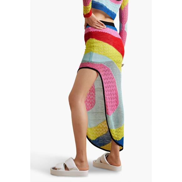 Staud Rainbow Centre Asymmetric Stripe Pointelle Crochet Midi Skirt Coverup S - Picture 2 of 13